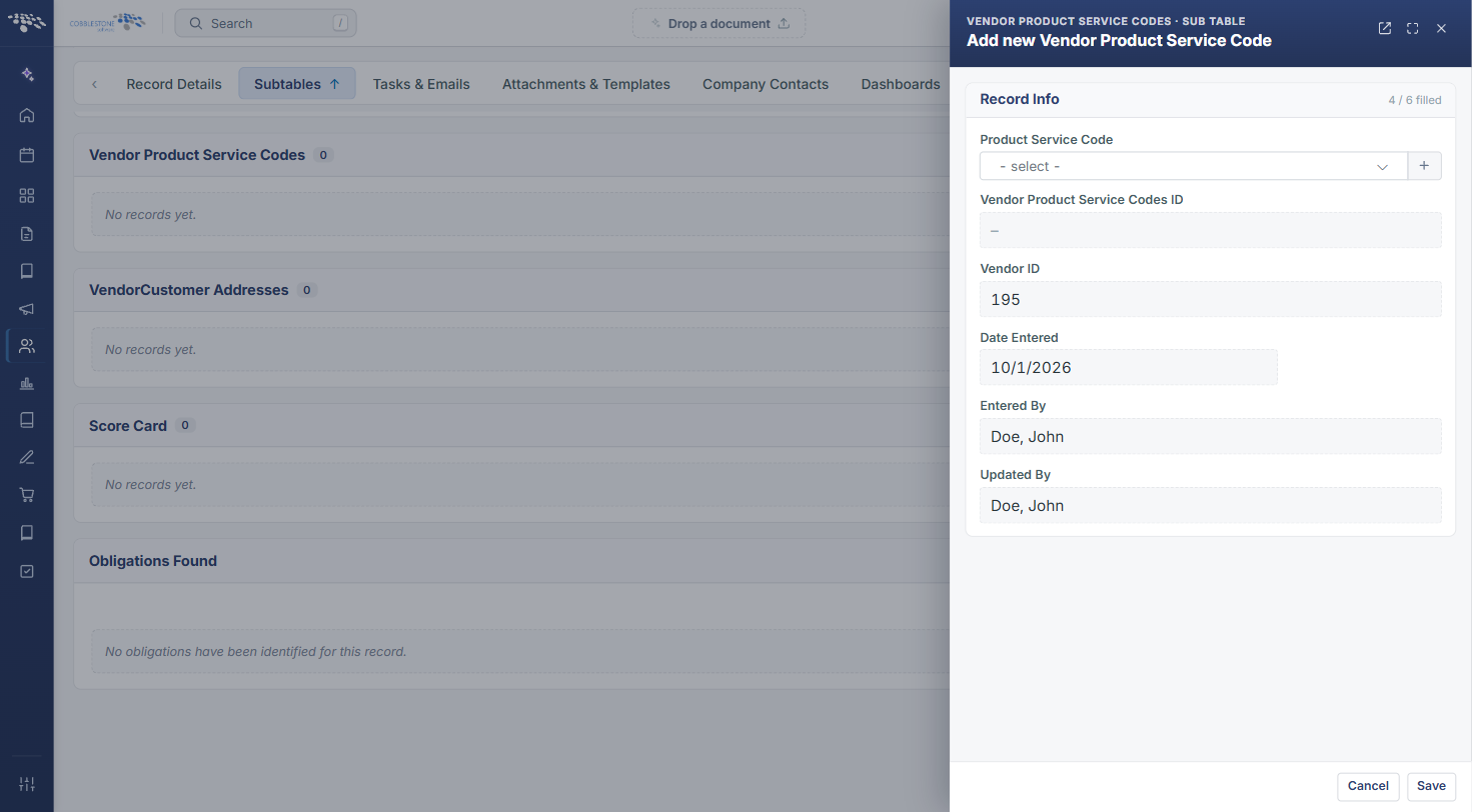 Add new Vendor Product Service Code panel