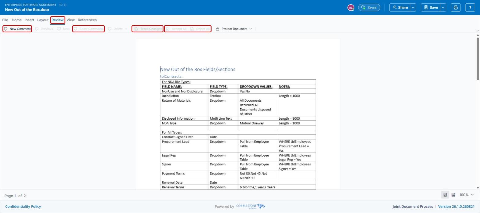 Review ribbon with New Comment, Show Comments, Track Changes, Accept All and Reject All highlighted