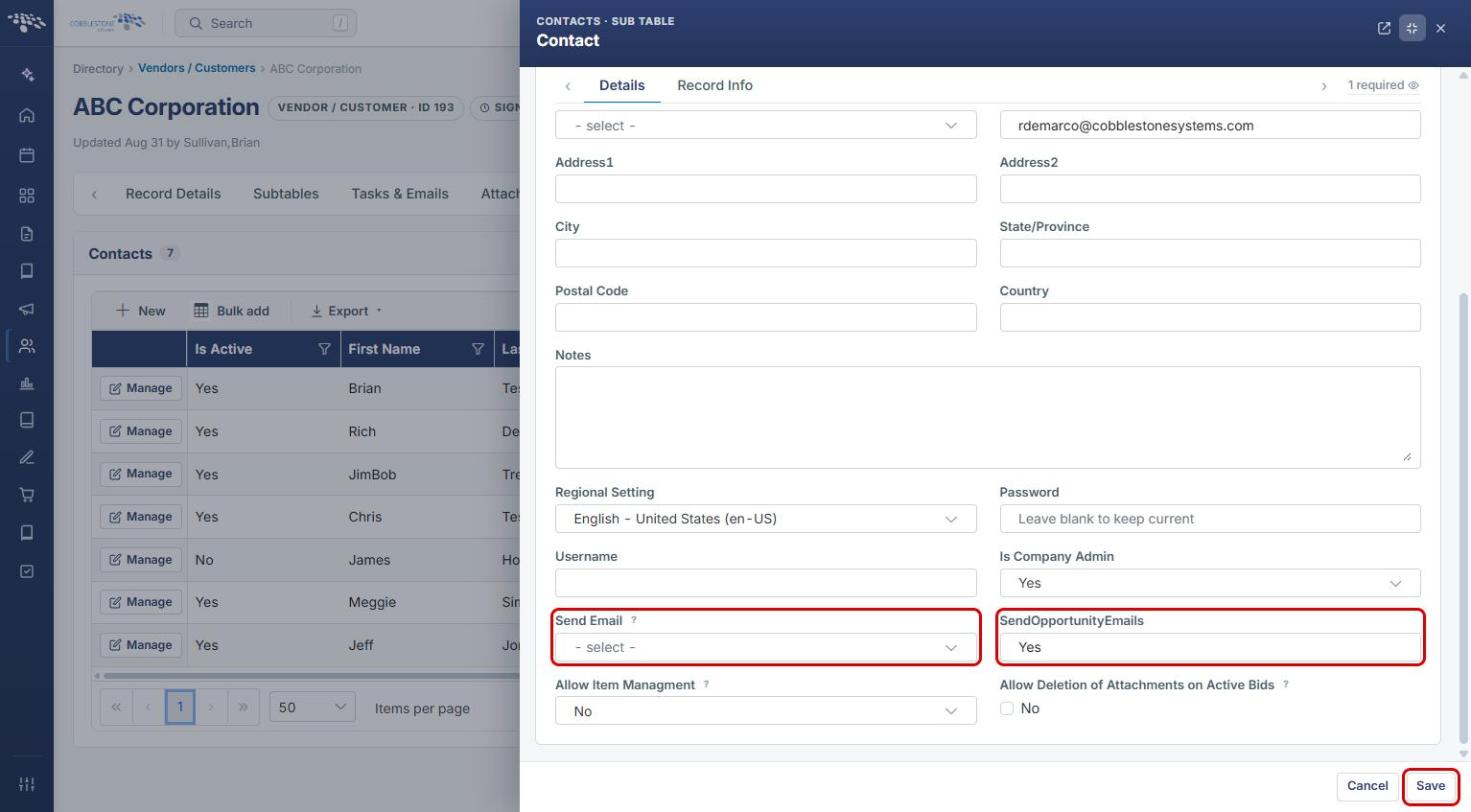 Contact edit form with Send Email, SendOpportunityEmails and Save highlighted