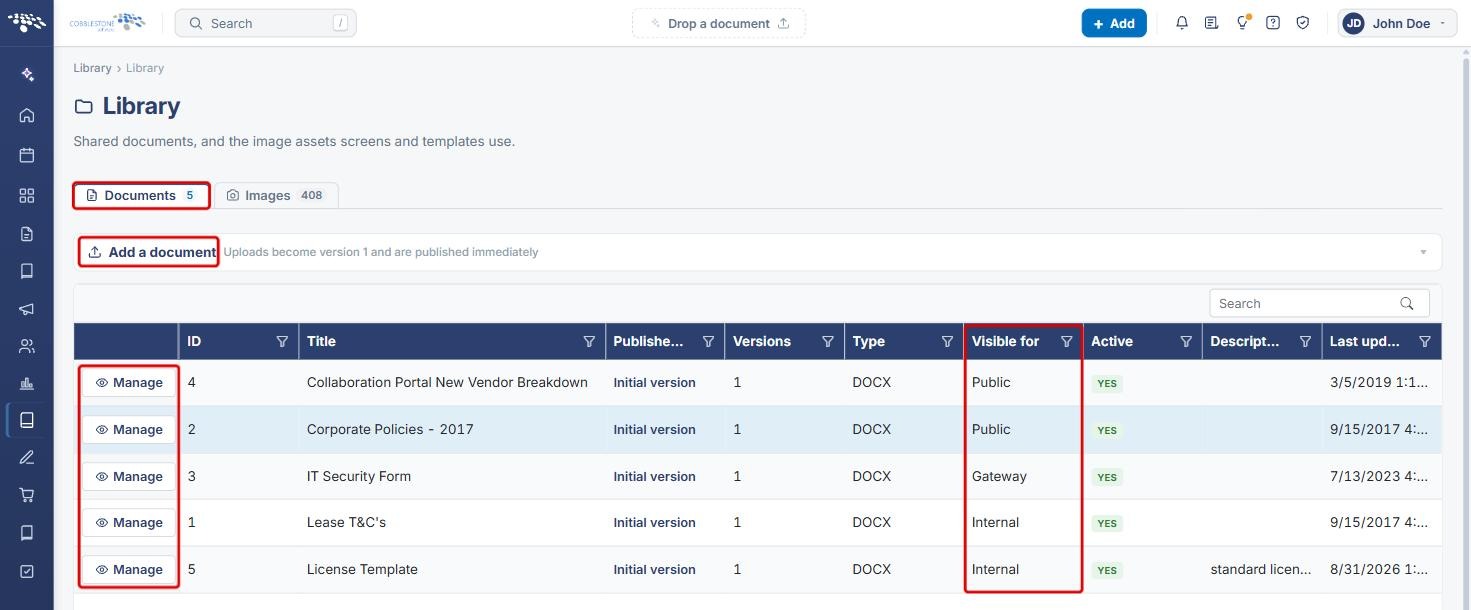 Library Documents tab with Add a document, Manage and the Visible for column highlighted