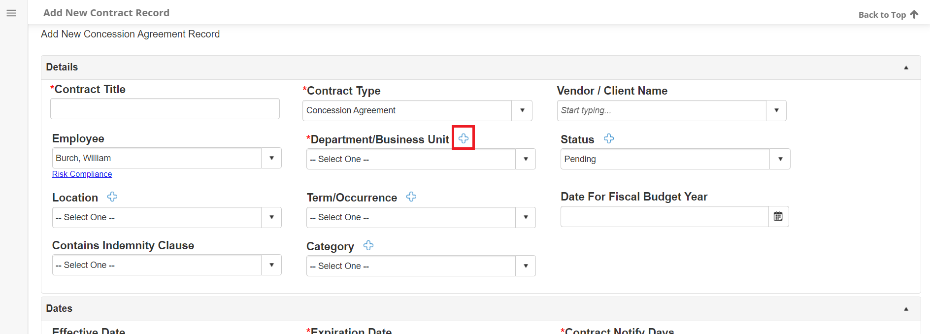 The Add New Contract Record page. The Plus Icon next to Department/Business Unit is highlighted.