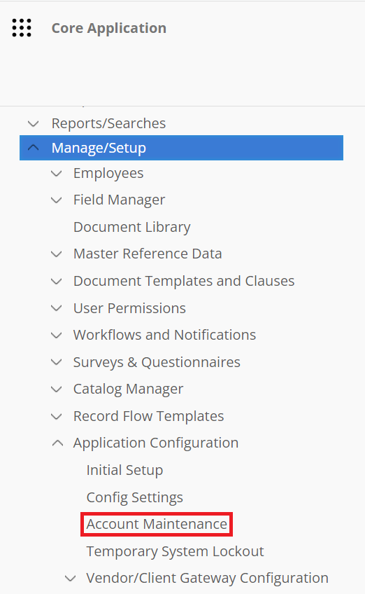 The ContractInsight main menu. Account Maintenance is highlighted.