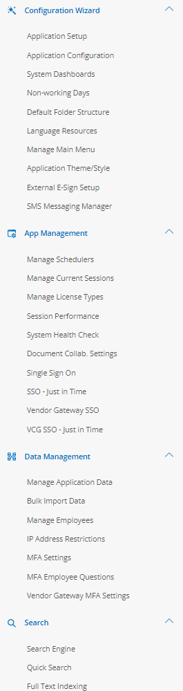 The Side Menu on the Application Configuration page