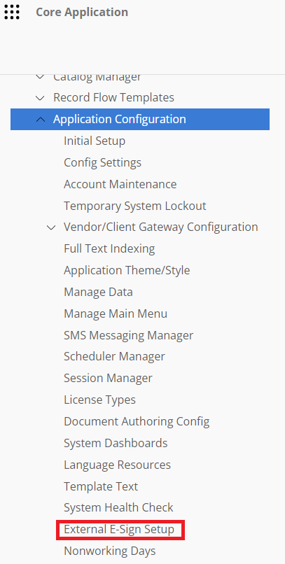 The Contract Insight Main Menu. External E-Sign Setup is highlighted