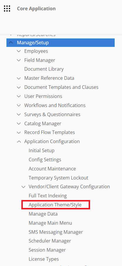 The Contract Insight main menu. Application Theme/Style is highlighted.