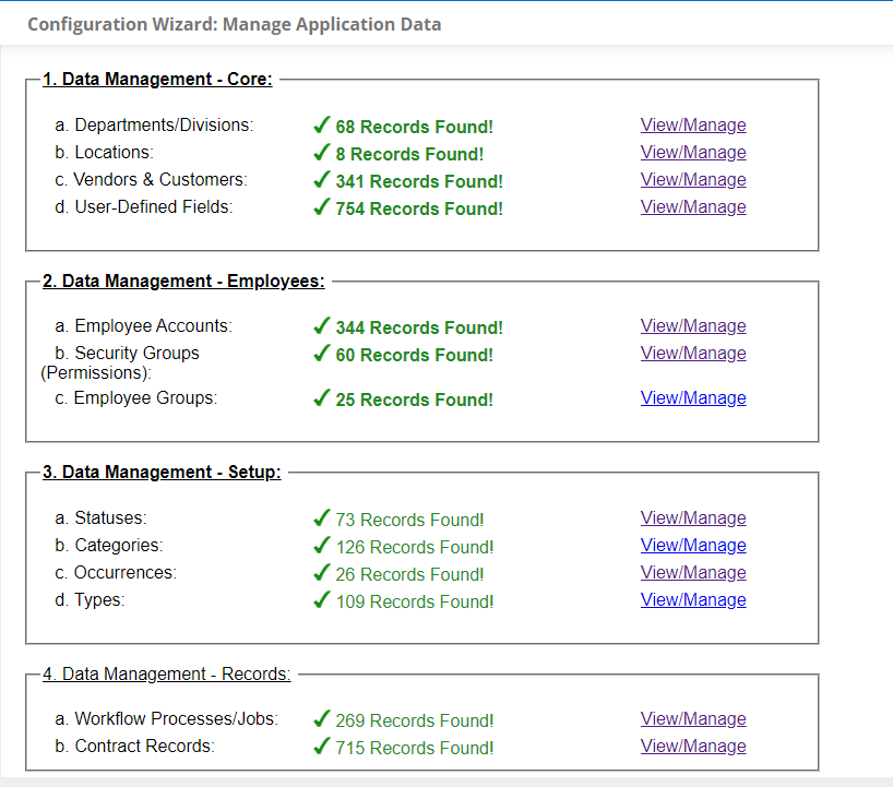 Manage Application Data Page