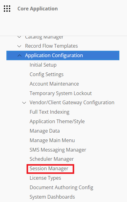 The Application Configuration Section of the Contract Insight Main Menu. Session Manager is highlighted.