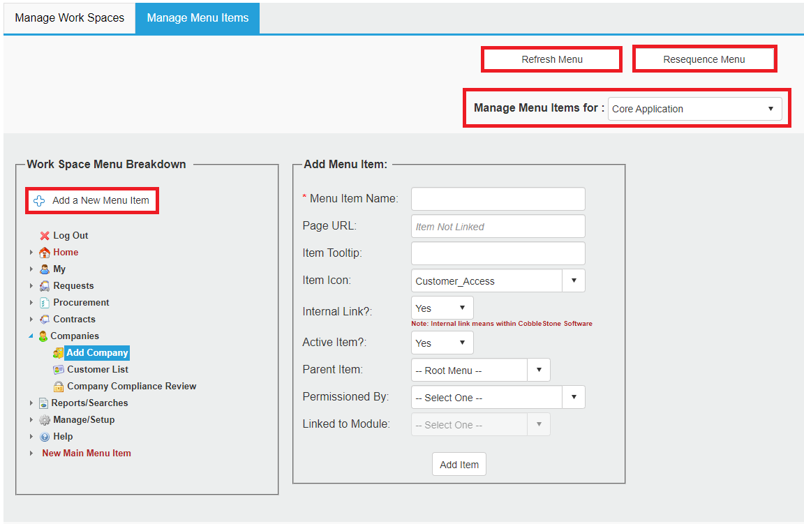 The Manage Menu Items tab. The Refresh items button, Resequence items button, Manage Menu Items for dropdown, and Add New Menu Item button are highlighted.