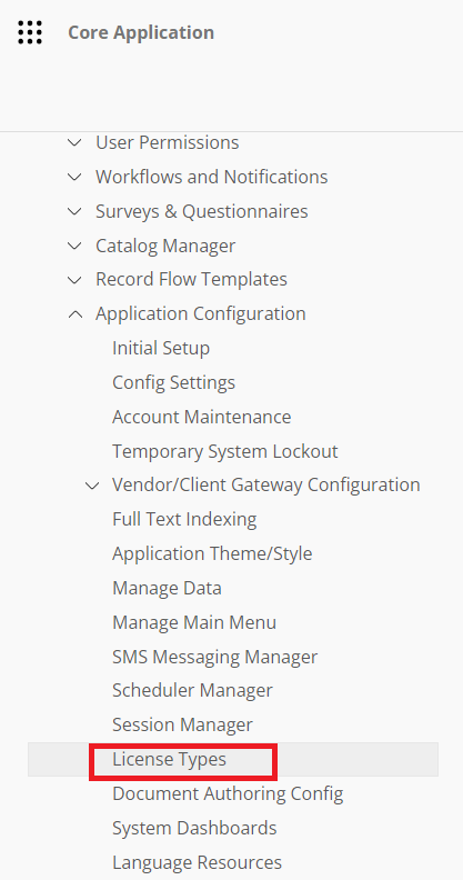 The Application Configuration section of the Contract Insight Main Menu. License Types is highlighted.