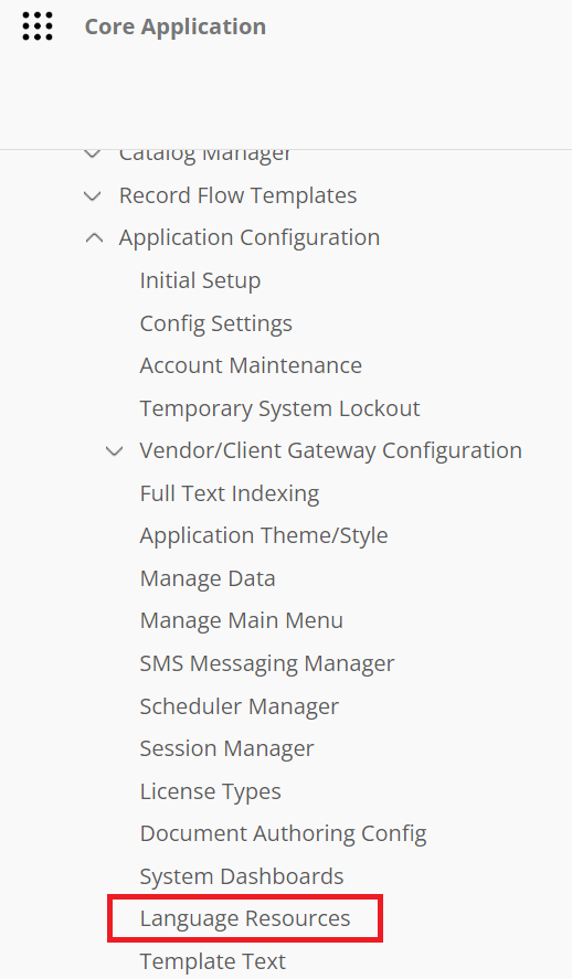 The Application Configuration Section of the Contract Insight Main Menu. Language Resources is highlighted.