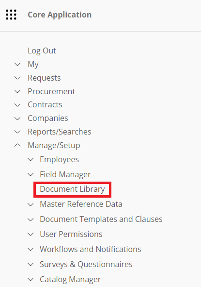 The Manage/Setup Section of the Contract Insight Main Menu. Document Library is highlighted.