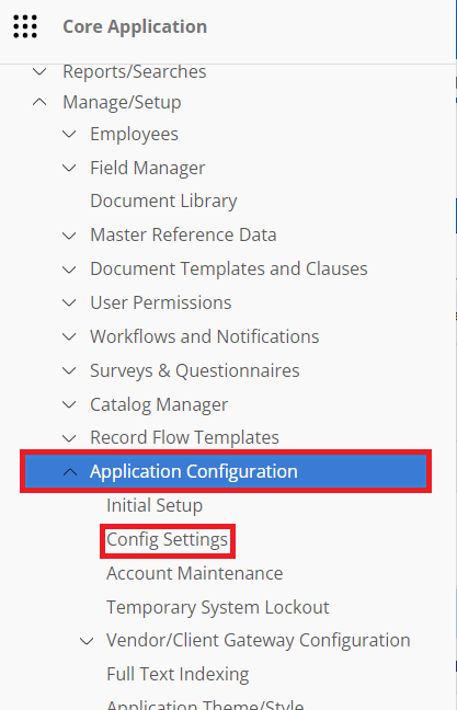 The Application Configuration Section of the Contract Insight Main Menu. Config Settings is highlighted.