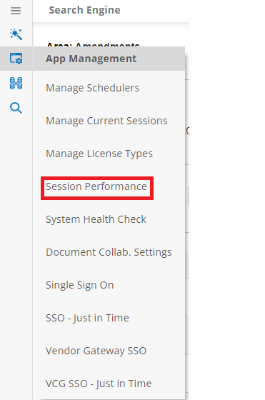 The App Management Side Menu. Session Performance is highlighted.