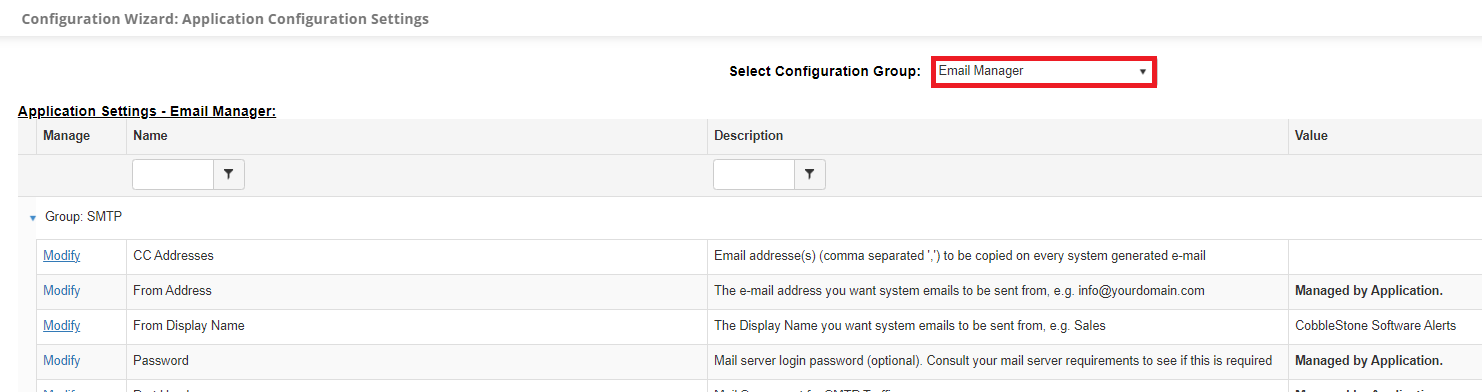 The Email Manager Configuration Group page