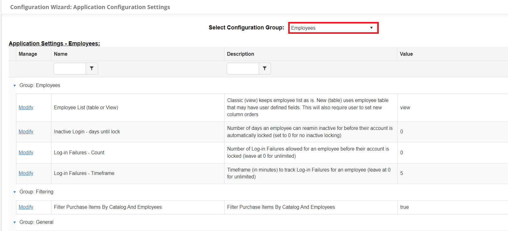 The Employees Configuration Group page