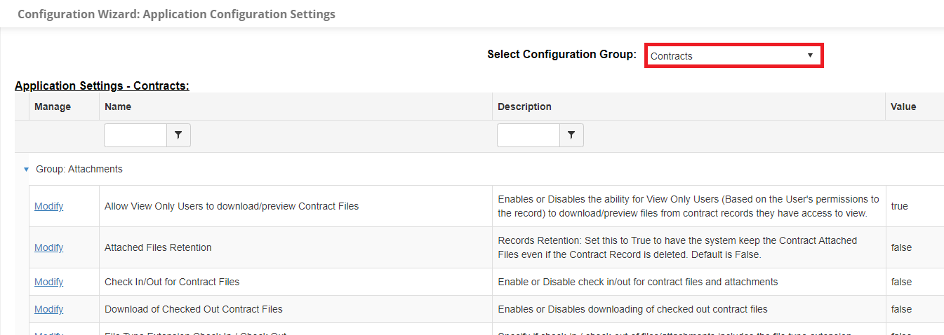 The Contracts Config Group Page