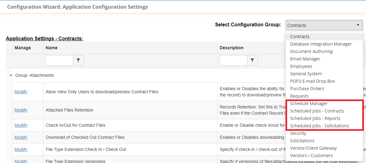 The Configuration Group dropdown menu with Schedule Manager, Scheduled Jobs - Contracts, Scheduled Jobs - Reports, and Scheduled Jobs - Solicitations highlighted.