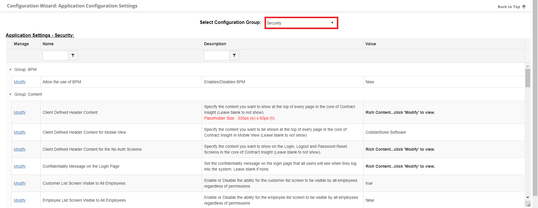 The Security Configuration Group page