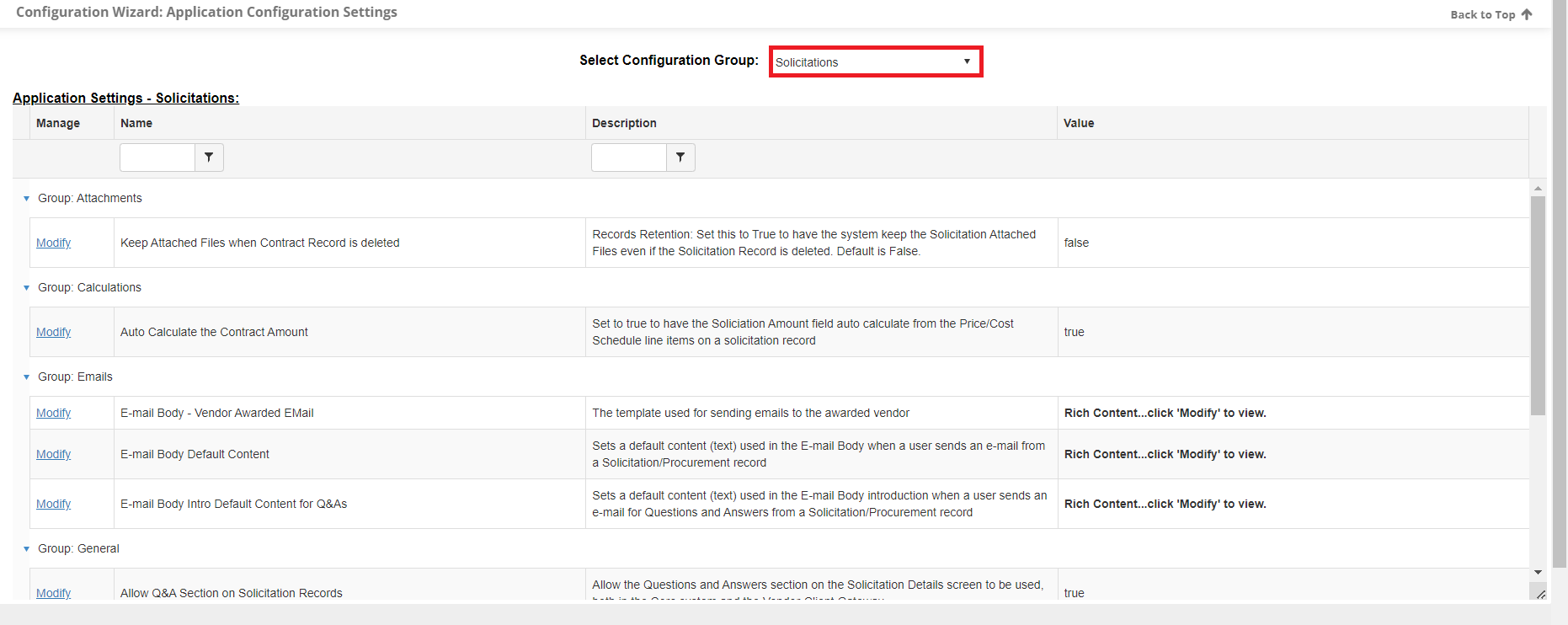 The Solicitations Configuration Group page.