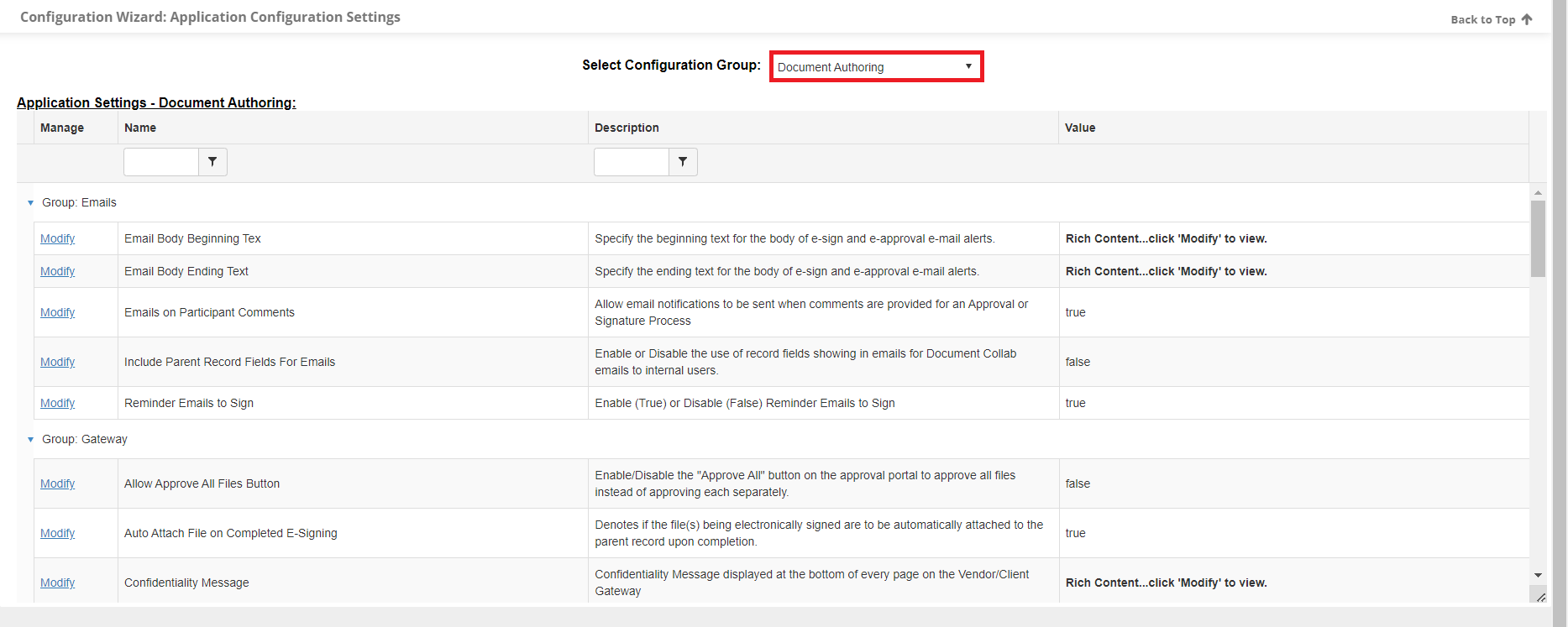 The Document Authoring Configuration Group Page