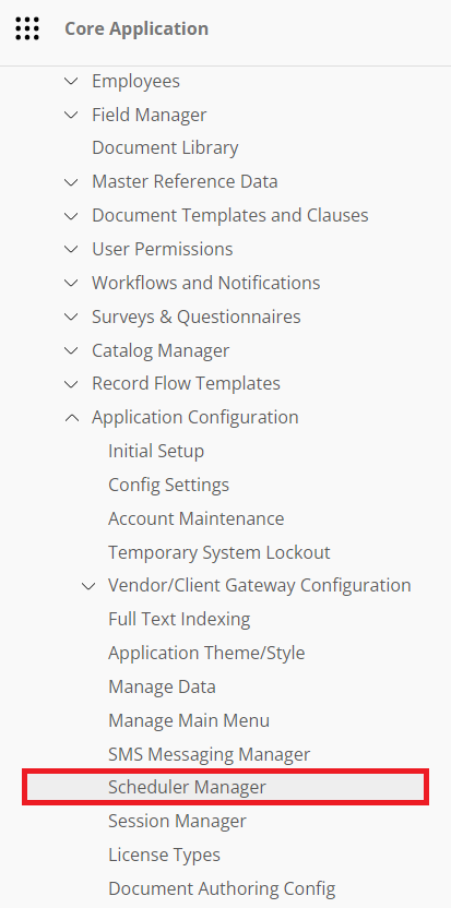 The Application Configuration section of the Contract Insight Main Menu. Scheduler Manager is highlighted.