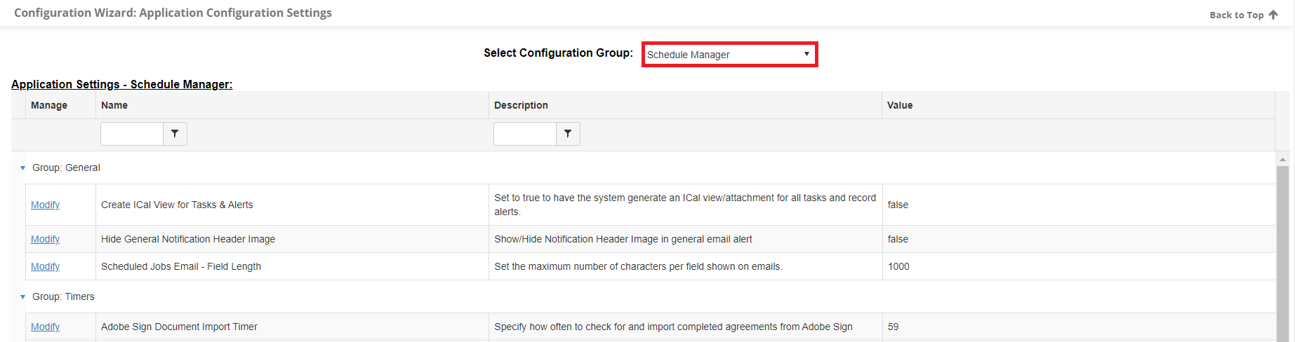 The Schedule Manager Configuration Group page