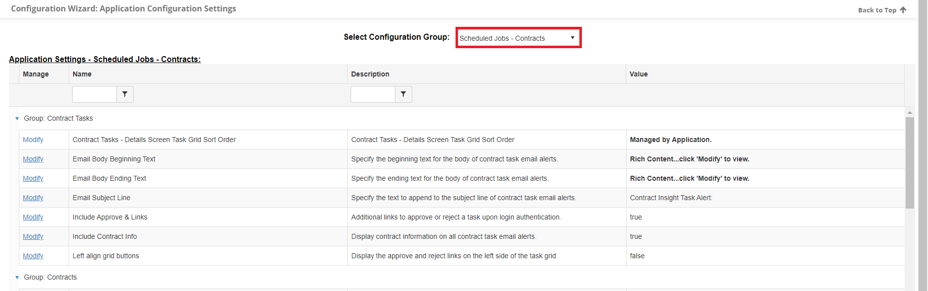 The Scheduled Jobs - Contracts configuration group page