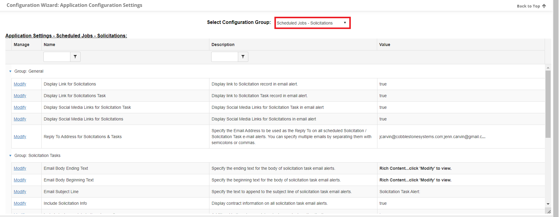 The Scheduled Jobs - Solicitations Configuration group page