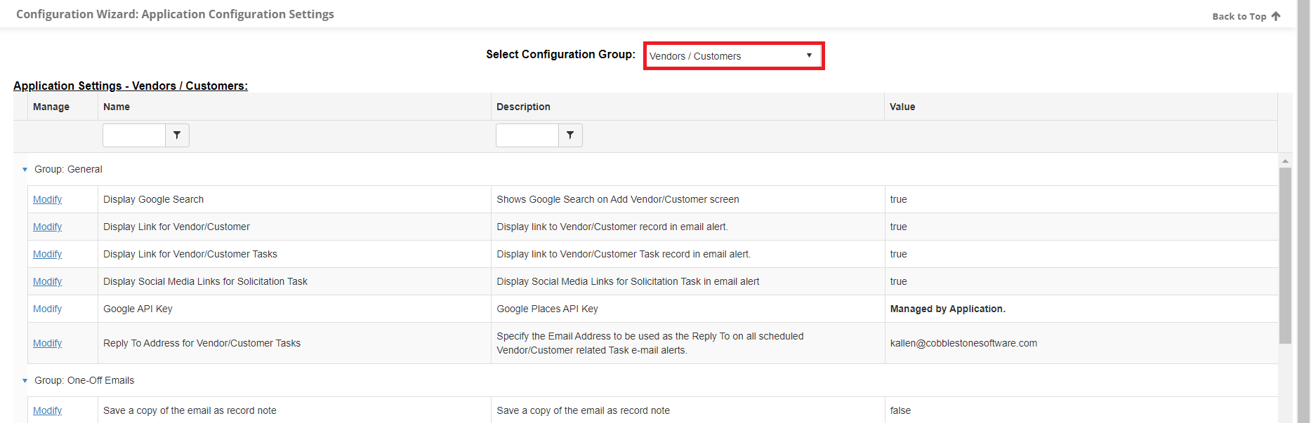 The Vendors/Customers Configuration Group page