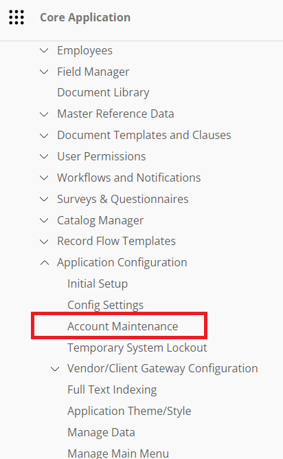 The Application Configuration section of the Contract Insight Main Menu. Account Maintenance is highlighted.
