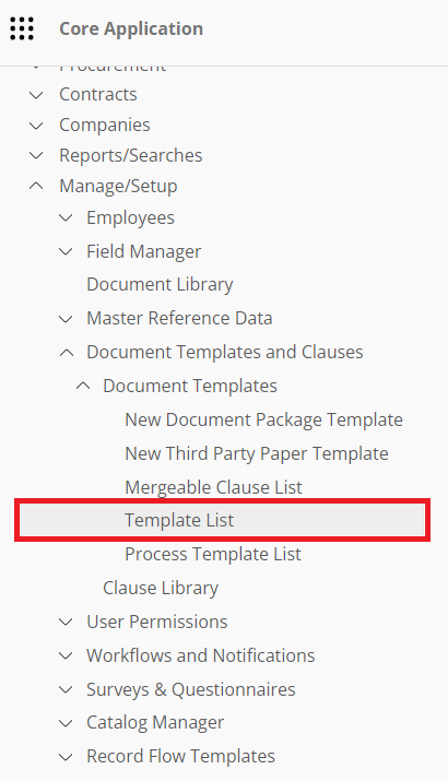 The Document Templates section of the Contract Insight Main Menu. Template List is highlighted.