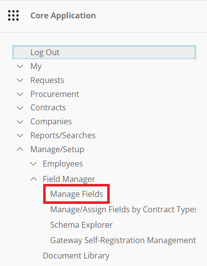 The Field Manager section of the Contract Insight Main Menu. Manage Fields is highlighted.