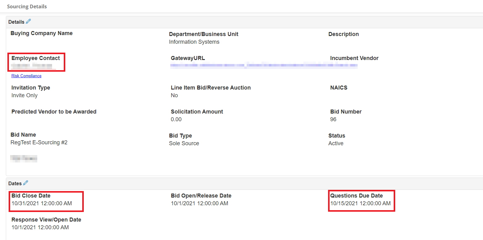 Employee Contact, Bid Close Date, and Questions Due Date highlighted