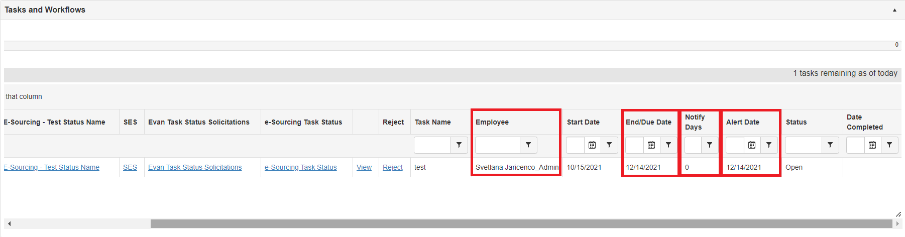 Employee, End/Due Date, Notify Days, Alert Days highlighted on Tasks table