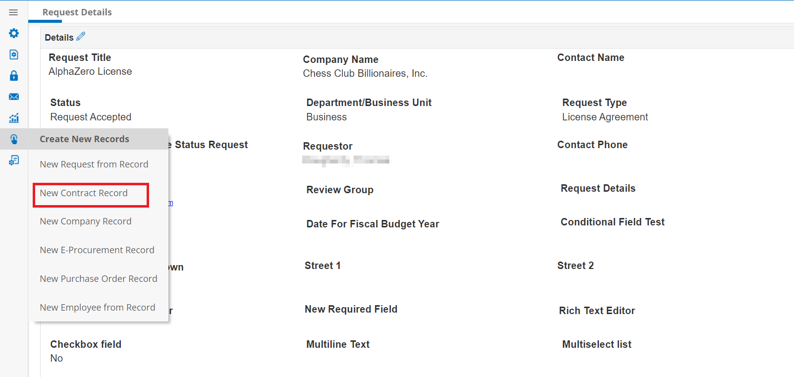 New Contract Record on Side Menu of Request Details Page