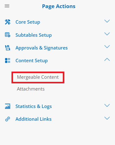 Mergeable Content on the Document Template side menu