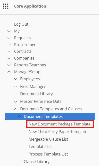 New Document Package Template on Main Menu