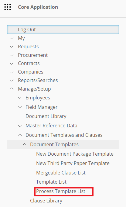 Process Template List in Main Menu