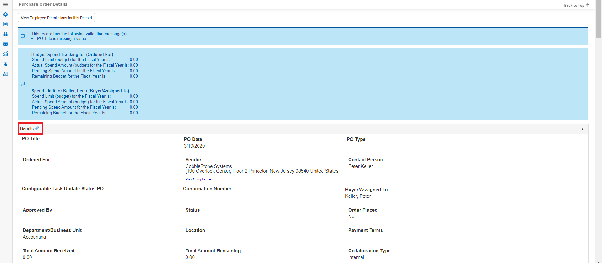 Navigate to a Purchase Order to edit an existing Purchase Order