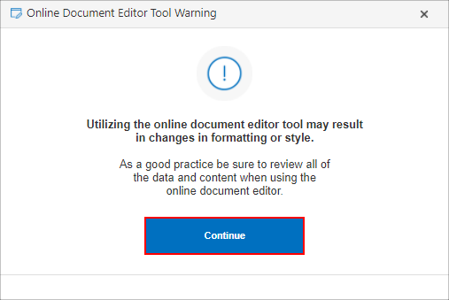 Click Continue before Online Document Editor is useable