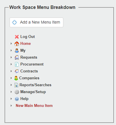 The Work Space Menu Breakdown screen