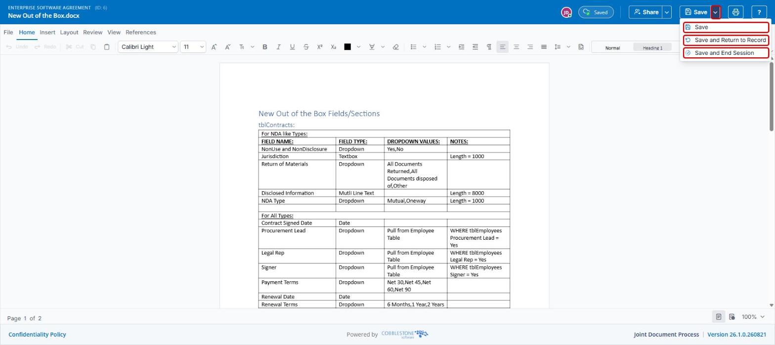Save menu with Save, Save and Return to Record, and Save and End Session highlighted