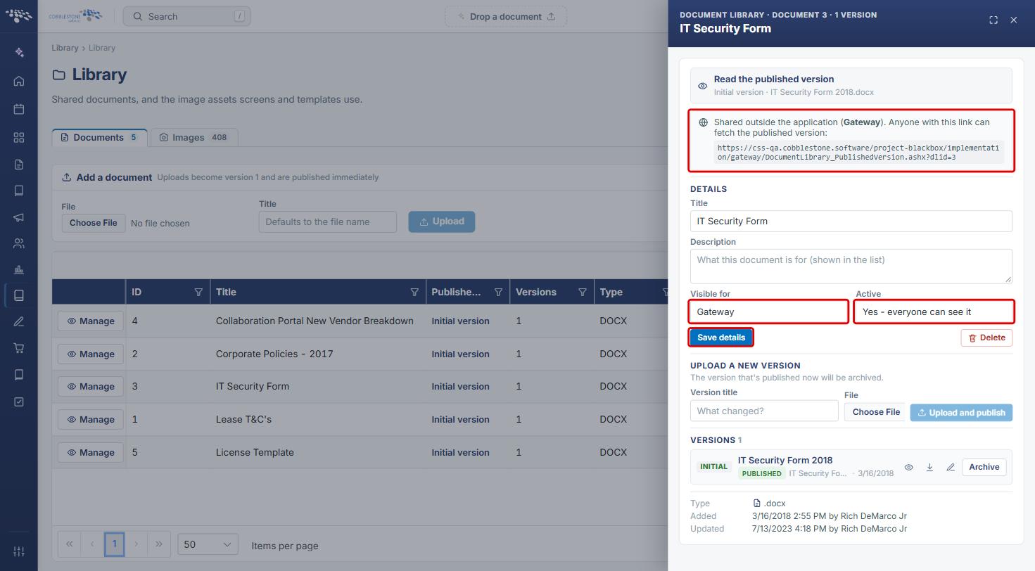 Library document panel with the Gateway sharing link, Visible for, Active and Save details highlighted