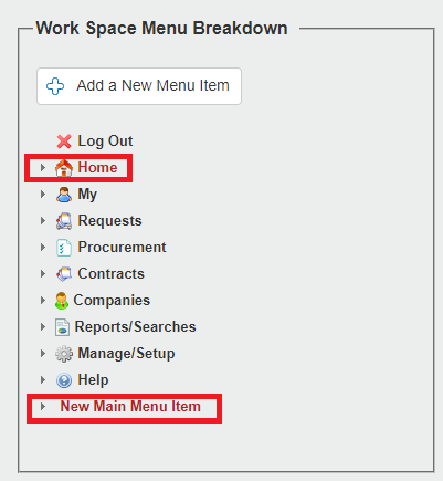 The Home and New Main Menu Item are in red and highlighted.