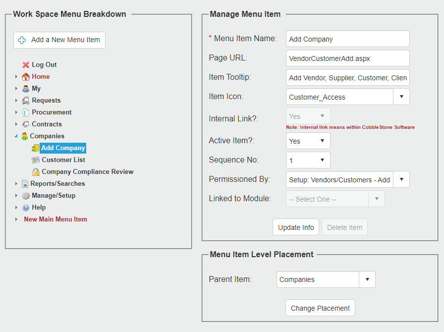 Workspace Menu Breakdown is on the left panel. Manage Menu Item is on the top right panel. Menu Item Level Placement is on the bottom right panel.