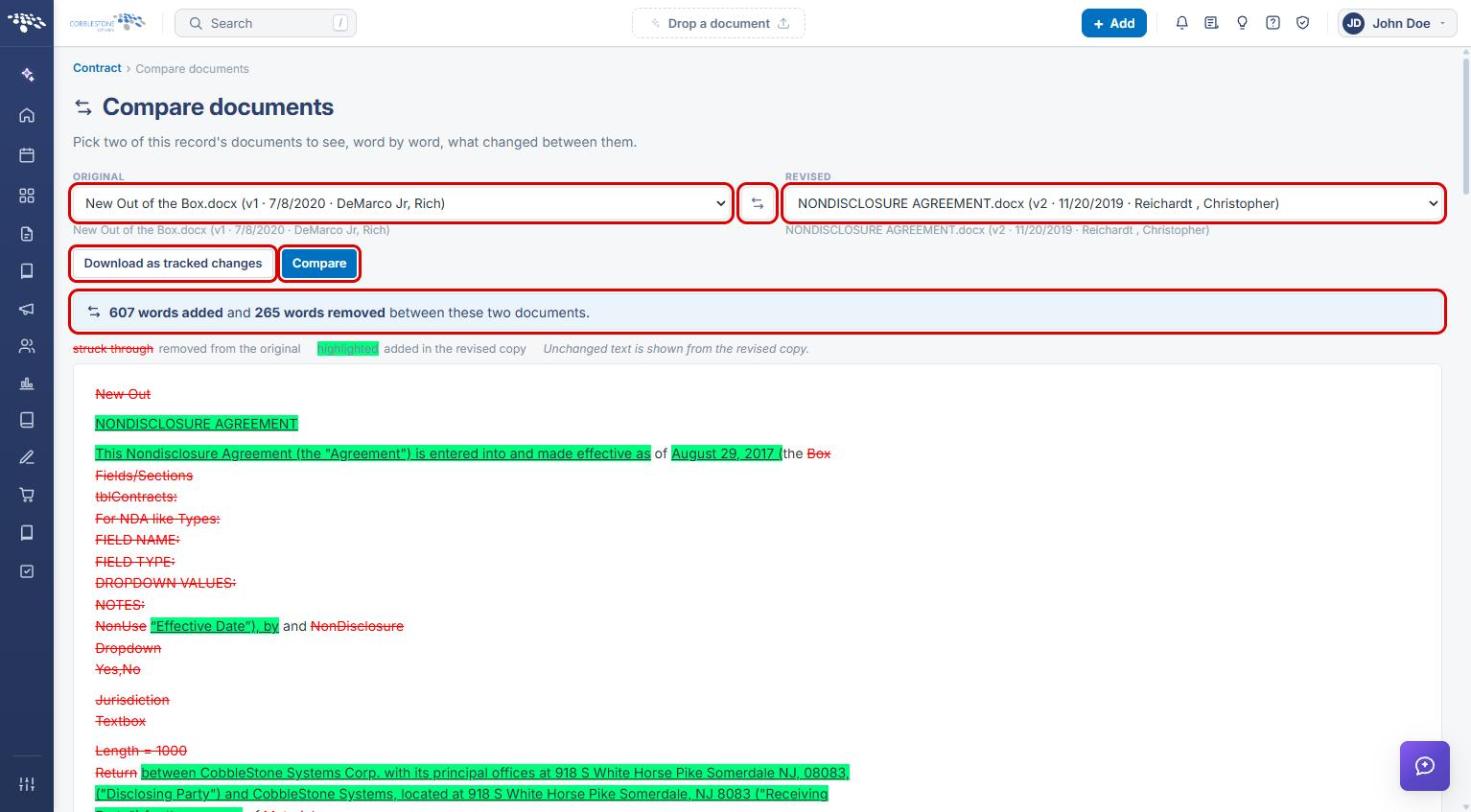 Compare documents page with selections and actions highlighted