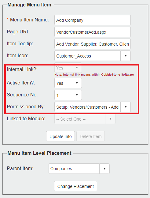 The Manage Menu Item Panel. Internal Link? Active Item? Sequence Number, and Permissioned By are highlighted.