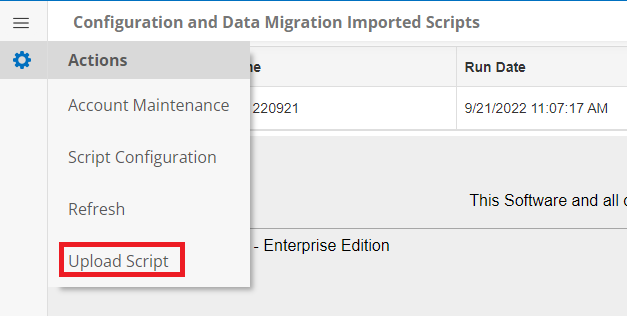 The Actions side menu of the Configuration and Data Migration Imported Scrips page. Upload Scripts is highlighted.