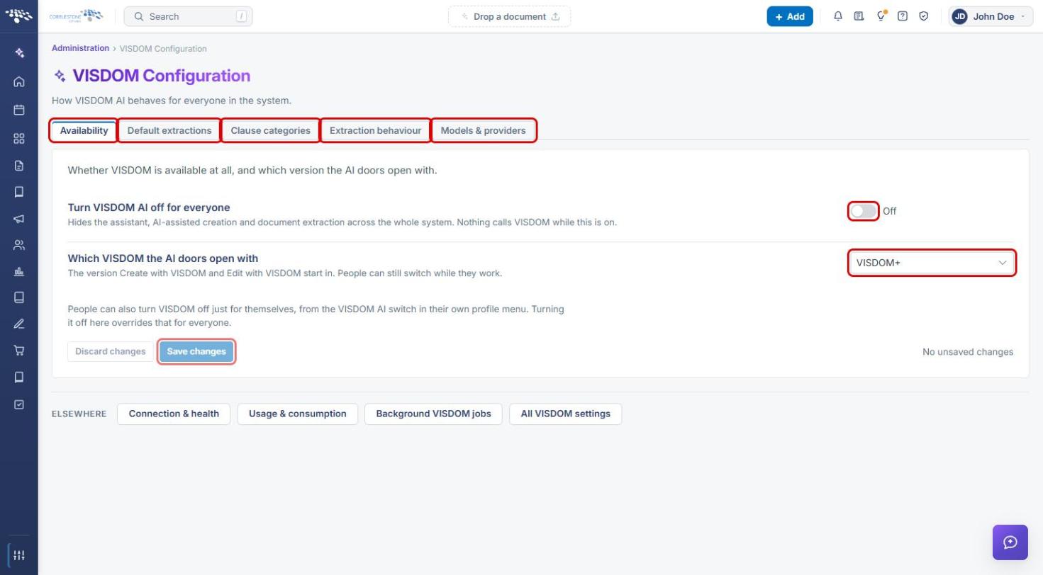 VISDOM Configuration Availability tab highlighted