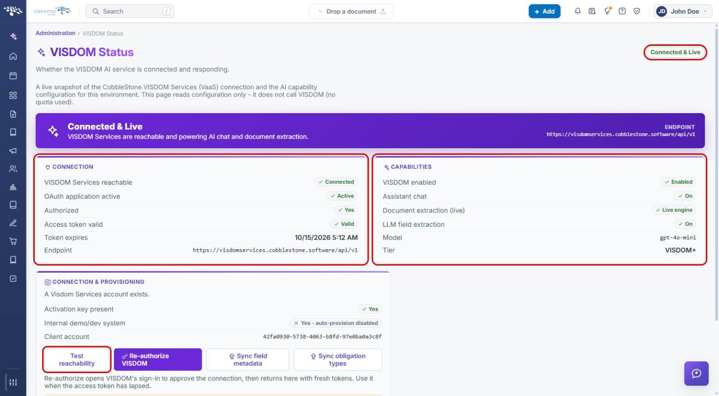 VISDOM Status page with connection and capabilities highlighted